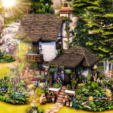 Sims 4 Eco Cottage, Sims 4 Stone Cottage, Sims Hobbit House, Sims 4 Cottage Aesthetic, Cool Houses Sims 4, Medieval Houses Sims 4, Sims 4 Storybook House, Sims Wizard House, Sims Forest House