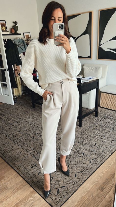 Here is a neutral work look for the office featuring the chenille sweater and tapered leg pants! Such a chic and cute business outfit for this fall and winter. Tap to shop and use code 'afkathleen' to save! Sweaters With Dress Pants, Sweater With Dress, Preppy Fall Fashion, Chic Office Outfit, Dress Pants Outfits, White Sweater Dress, Work Fits, Fall 23, Preppy Fall