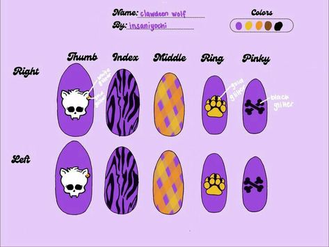 Clawdeen Nail Ideas, Clawdeen Wolf Nails, Werewolf Nails Acrylic, Monster High Inspired Nails, Monster High Nails Clawdeen, Monster High Nails Acrylic, Nail Ideas Monster High, Monster High Nails, Wolf Colors