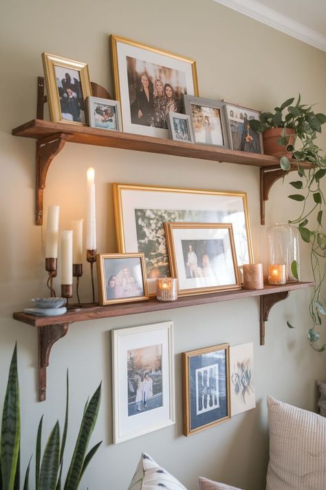 DIY Photo Wall Layouts That Anyone Can Master Living Room Family Picture Wall Ideas, Wedding Photos On The Wall, Picture Shelf Entryway, Gold Frame Decor Ideas, Different Ways To Display Photos, Desk With Pictures On Wall, Gallery Wall With Floating Shelf, Mantle Gallery Wall, Family Picture Decorating Ideas