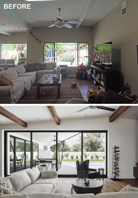 Windows in a living room replaced with pocketing sliding glass doors. House Renovation Ideas Before And After, Modern House Renovation, Living Room Makeovers, Dark Wood Dining Table, House Flip, House Flipping, House Makeovers, House Before And After, Before And After Pics