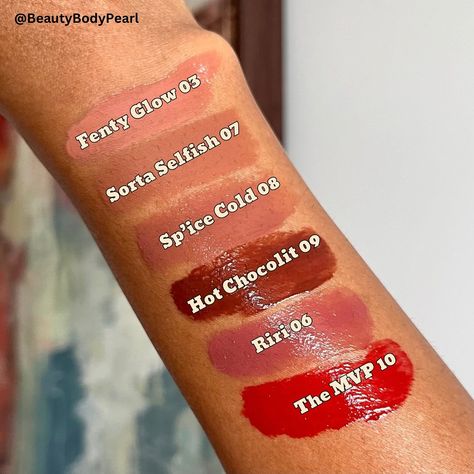 Swatches of the Fenty Beauty Gloss Bomb Stix on my medium brown skintone. Shades swatched: 03 Fenty Glow 07 Sorta Selfish 08 Spice Cold 08 Sp’ice Cold 09 Hot Chocolit 06 Riri 10 The MVP ___ Fenty Beauty #pearldenise #pearldenisefentybeauty #pearldeniselipstick #fentybeauty #fentybeautyglossbomb #glossbombstick #glossbombstick #fentyglossbombstix #glossbombstixswatches #glossbombstixbrownskin #glossbombswatches #lipstick #lipstickswatches #lipstick💄 #lipcombosblackgirl Fenty Beauty glo... Fenty Lipstick, Fenty Beauty Lipstick, Fenty Gloss, Fenty Beauty Gloss Bomb, Magic Makeup, Gloss Labial, Lipstick Swatches, Beauty Lipstick, Hair Skin Nails