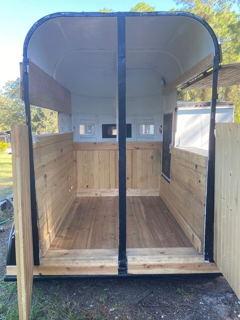 Horse Trailer Mobile Business, 2 Horse Trailer Camper Conversion, Horse Trailer Conversion Boutique, Mobile Bar Interior Layout, Converted Horse Trailer Boutique, Horse Float Camper, Inside Horse Trailer Bar, Renovated Horse Trailer, Bumper Pull Horse Trailer Conversion