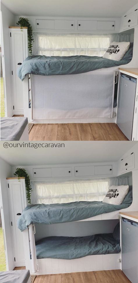 Bunk beds in a renovated caravan that show a screen on the lower bunk for babies or toddlers. Camper Bunk Bed Ideas, Caravan Bunk Beds, Caravan Bunks, Camper Bunk Beds, Bunk Bed Crib, Caravan Renovation Diy, Rv Bunk Beds, Diy Caravan, Diy Toddler Bed