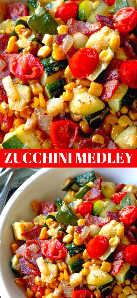 Zucchini Medley is loaded with vegetables, a delicious side dish with tons of flavor and texture. A fantastic way to eat zucchini! I’m actually looking forward to seeing baby zuke in the garden, ENJOY! Zucchini Vegetable Medley, Summer Vegetable Medley, Vegetable Medley Recipes, Zucchini Medley, Holiday Vegetables, Zucchini Vegetable, Easy Main Dishes, Veggie Dinner, Vegetable Side Dishes Recipes