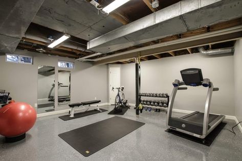 Leave a Basement Ceiling Unfinished. See more popular home gym that provides a wide variety of creative design ideas and workout opportunities. #homegym #gym #workoutspace Carport Gym Ideas, Basement Gym Ideas Unfinished, Basement Workout Room, Basement Gym Ideas, Home Gym Basement, Home Gym Ideas, Basement Gym, Gym Room At Home, Creative Bathroom