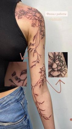 Arm Tattoos For Women Floral, Simple Full Arm Tattoo, Feminine Tattoo Sleeves Non Floral, Full Arm Flower Tattoo, Linework Tattoo Sleeve, Full Arm Tattoos For Women, Floral Arm Wrap Tattoo, Tattoo Brazo Mujer, Best Feminine Tattoos