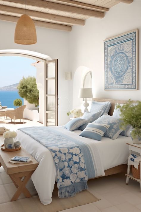 Mediterranean Costal House, Greece House Aesthetic Interior, Mediterranean Interior Design Style Bedroom, Mama Mia House Aesthetic, Greece Homes Interior, Medditeranean Bedroom, Aquamarine Bedroom, Greek Inspired Bedroom, Greece Inspired Bedroom