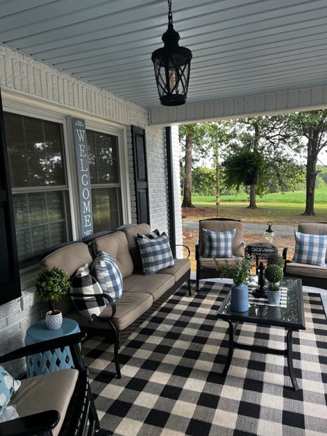 Buffalo Plaid Front Porch Blue Door, Buffalo Plaid Front Porch Decor, Buffalo Plaid Front Porch, Haint Blue Porch Ceiling Brick House, Front Porch Ceiling Painted Blue, Best Haint Blue Porch Ceiling, Buffalo Plaid Rug Front Porch, Blue Porch, Pretty Porches