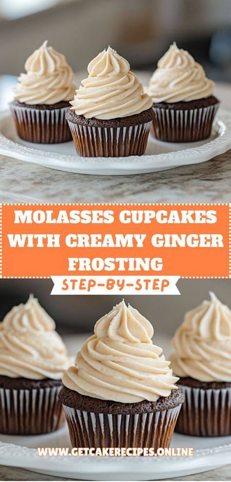 Molasses cupcakes topped with creamy ginger frosting, perfect for fall and holiday celebrations. Molasses Cupcakes, Christmas Dessert Ideas, Thanksgiving Cupcakes, Fall Baking Recipes, Holiday Desserts Table, Christmas Baking Recipes, Creative Cupcakes, Decoration Tips, Christmas Dessert