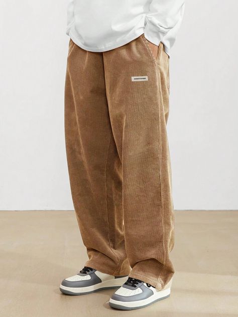 Khaki Casual Collar  Woven Fabric Letter Straight Leg Embellished Non-Stretch  Men Clothing Men Fashion Trousers, Men’s Cool Outfits, Urban Fall Fashion Men, Retro Fits Men, Fall Clothing Men, Cool Pants Men, Athletic Street Style Men, Men’s Style Spring 2024, Cool Pants For Men