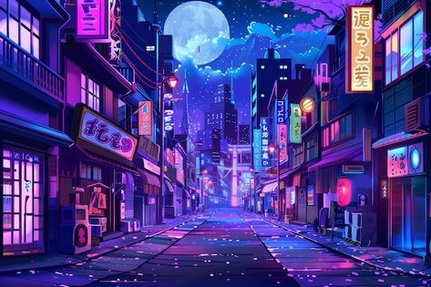 Download this Premium Photo about A cartoon illustration of the streets of Tokyo at night, and discover more than 60 Million Professional Stock Photos on Freepik Japan City Aesthetic Night Wallpaper Pc, Tokyo Night Anime, Anime Tokyo City, Japan Night Aesthetic, Anime City Background, Tokyo Illustration, Japan Background, Anime Cd, Tokyo At Night