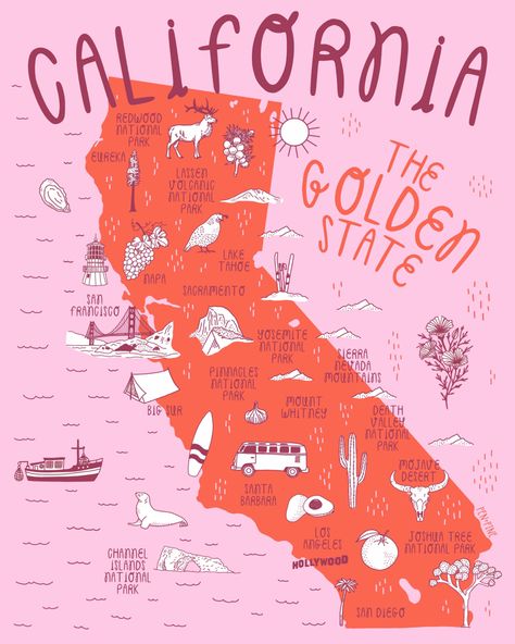 California Map Illustration, Roadtrip Illustration, Roadtrip Map, Map Of California, Illustrated Maps, Drinking Games For Parties, Japan Map, Infographic Design Layout, Colorful Illustration