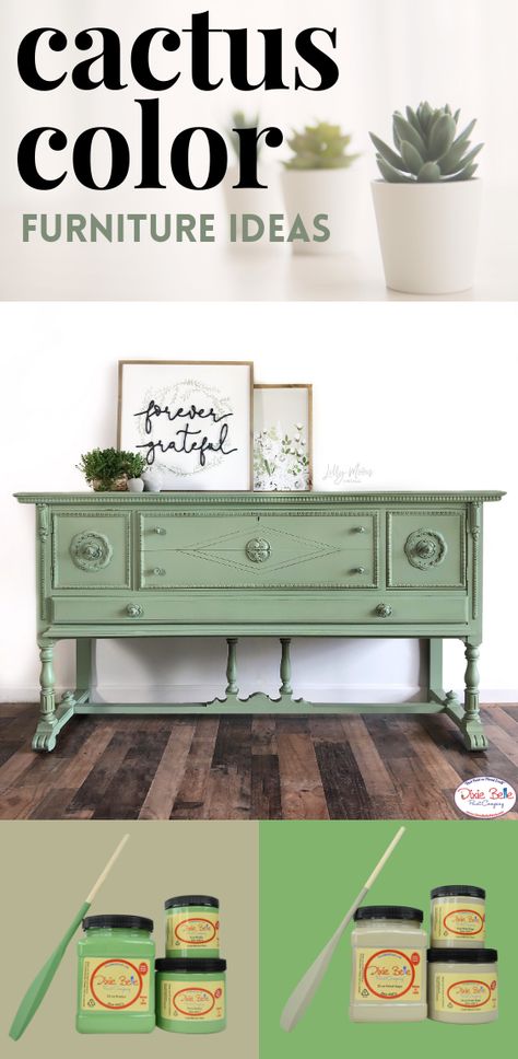 Discover how to get this look on your own buffet with Dixie Belle Paint! This artist used a mixture of Kudzu and Dried Sage colors for a muted green that looks like a cactus plant shade! Dixie Belle Chalk Paint Furniture Green, Sage Green Buffet Cabinet, Sage Green Chalk Paint Furniture, Green Chalk Paint Furniture, Dresser Colors, Diy Makeover Ideas, Green Buffet, Sage Green Furniture, Sage Colors