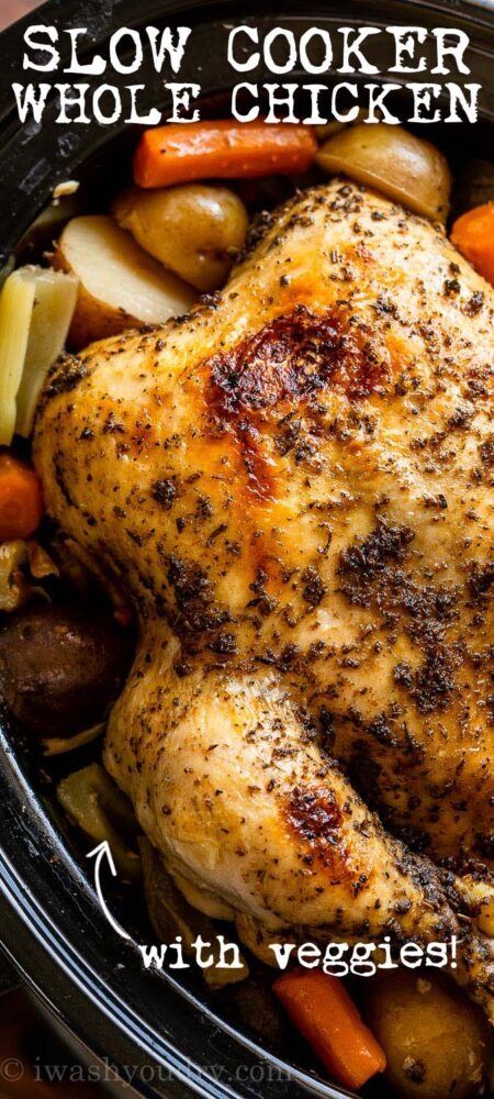 This Slow Cooker Whole Chicken Recipe takes just a few minutes of prep and results in tender, juicy chicken. Crockpot Whole Chicken Recipes, Slow Cooker Whole Chicken, Chicken With Veggies, Whole Chicken Recipe, Cooking Whole Chicken, Chicken Teriyaki Recipe, Whole Chicken Recipes, Homemade Dinner Rolls, Chicken Slow Cooker Recipes