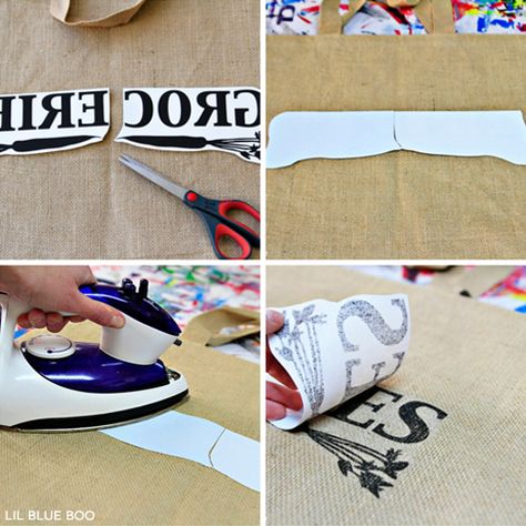 Transfer Paper Process for Personalized Bags via Ashley Hackshaw / lilblueboo.com Burlap Bags Ideas Projects Diy Crafts, Diy Burlap Bags, Advent Ornaments, Burlap Upholstery, Burlap Crafts Diy, Burlap Diy, Burlap Ideas, Journal Techniques, Bags And Totes