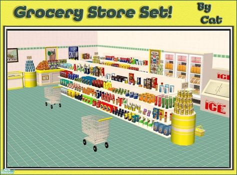 A grocery store set complete with shopping cart, shelves, and lots of food! Enjoy! Found in TSR Category 'Objects' Dark Fairycore, Tiny House Layout, Retail Shelving, Store Shelves, Bloxburg Decal Codes, The Sims 2, Sims 4 Cc Furniture, Sims 1, Sims Community