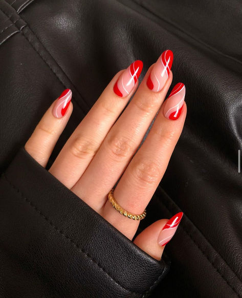 Red And Silver Swirl Nails, Red Nail Swirls, Short Almond Nails Red Art Designs, White Nails Red Accent, Candy Cane Swirl Nails, White And Red Acrylic Nails Ideas, Nail Inspo Red And White, Red And Black Swirl Nails, White Red Nails Ideas