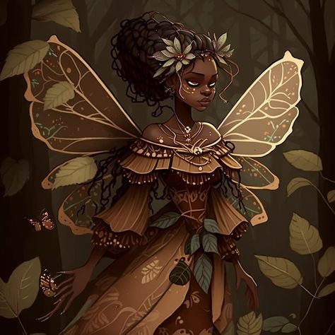 Fae People Fantasy Art, Black Fairy Illustration, Female Fae Aesthetic, Nature Fairy Art, Black Fairy Aesthetic Art, Black Fairies Art, Fae Oc Art, Black Faries, Black Fairy Drawing