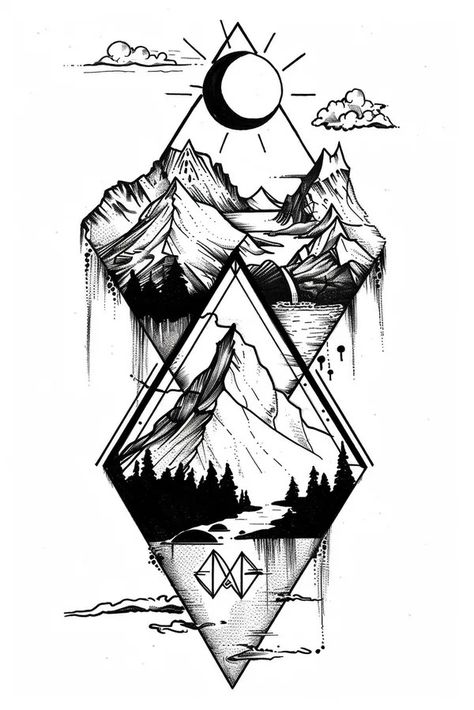 Tattoo idea: tattoo sketch I see fire inside the mountain. geometri 2 Mountain Tattoo Sketch, I See Fire, Idea Tattoo, New Tattoo Designs, Fire Inside, Mountain Tattoo, Card Tattoo, Tattoo Sketch, Top Tattoos