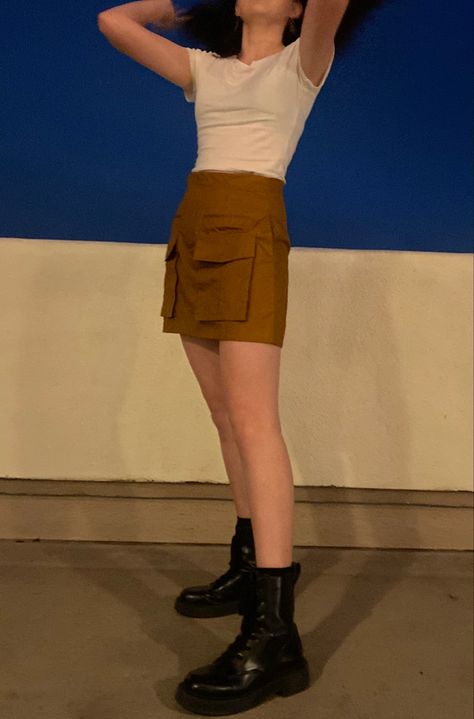 Outfit, skit, cargo skirt, white top, boots, tan, white, blue, fancy, casual, school outfit Casual School Outfit, Fancy Casual, Cargo Skirt, Skirt White, School Outfit, White Top, White Tops, White Blue, Skirt