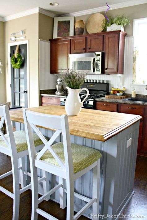 beadboard kitchen island Tan Kitchen Walls, Homemade Kitchen Island, Beadboard Kitchen, Tan Kitchen, Dark Brown Cabinets, Kitchen Island Plans, Beadboard Backsplash, Bright Kitchen, Thrifty Decor Chick