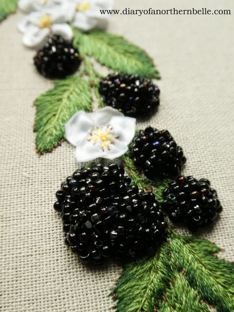 Blackberry Embroidery Pattern, Embroidery Blackberries, Bramble Embroidery, Blackberry Embroidery, Beads On Clothes, Bead Work Embroidery, Embroidery With Beads, Beading Embroidery, Beaded Fabric