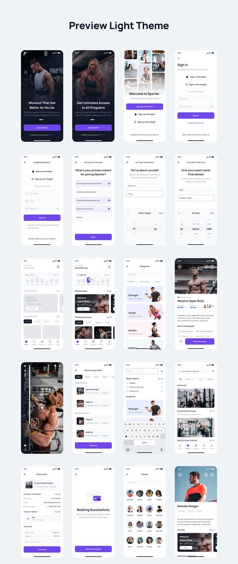 Sporter - Fitness & Workout App UI Kit — Figma Resources on UI8 Fitness Mobile App Design, Workout App Design, Fitness App Ui Design, Fitness Apps Design, Mobile App Onboarding, Fitness App Ui, App Wireframe, Profile App, Flow App