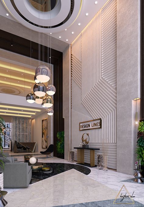 decoration gallery on Behance Apartment Ceiling Design, Lobby Wall Design, High Ceiling Living Room Modern, Lobby Designs, Modern Lobby, Double Height Living Room, درج السلم, Tv Fal, Feature Wall Design