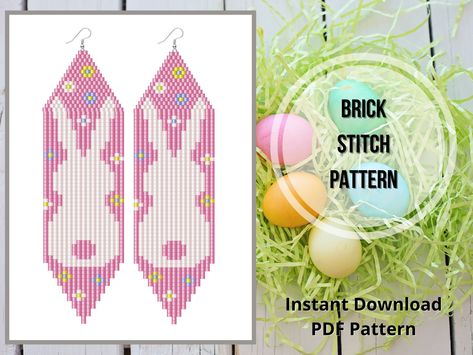 Easter Beaded Earrings, Fringe Earring Pattern, Stitch Easter, Easter Bunny Earrings, Fringe Earring, Seed Bead Crafts, Native Crafts, Easter Earrings, Holiday Beading