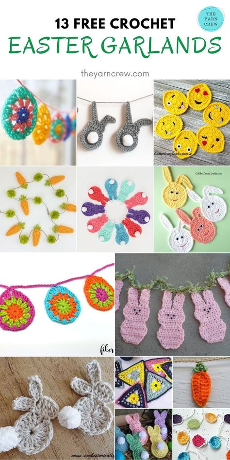 Crochet Patterns Garland, Crochet Easter Garland Free Pattern, Free Easter Crochet Patterns, Crochet Easter Garland, Crochet Magnets, Crochet Bunny Garland Pattern Free, Crochet Easter Egg Applique Free Pattern, Crochet Spring Garland, Crochet Bunny Garland