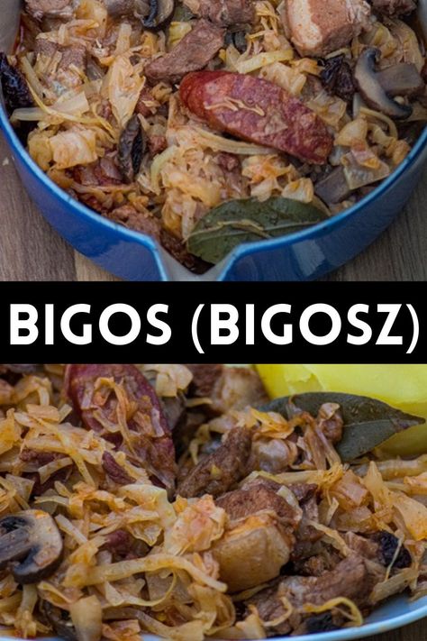 Bigos (Bigosz) or Hunter Stew is the Polish national dish and one of the trademarks of Polish cuisine. It is a hearty stew made of a different kind of chopped meat, sauerkraut, and shredded cabbage. Usually, it is enriched with a wide range of vegetables and spices. But the best part is bigos recipe is quite simple and easy to make. Polish Hunters Stew Bigos, Bigos Recipe Polish, Hunter Stew, Bigos Recipe, Polish Stew, Hunters Stew, Hearty Stew, Shredded Cabbage, Homemade Soup Recipe