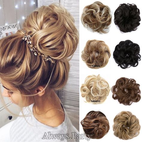 Texture Hair Scrunchies, Bun Hairpiece. Length Wavy Curly 45g. The hairs are silky and soft, Grade A, specially selected for vogue market. Materail Synthetic hair. DO NOT DUPLICATE OR COPY! Color dark black,light brown,dark brown,sandy blonde & bleach blonde,bleach blonde. | eBay! Wedding Messy Bun, Hair Bun For Wedding, Bun For Wedding, Hairstyles Clips, Elegant Messy Bun, Messy Bun Wedding, Fake Hair Buns, Scrunchie Updo, Fake Hair Pieces