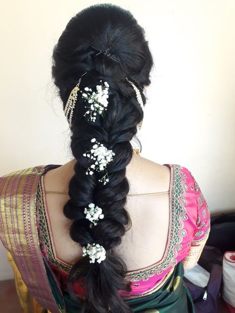 Hairstyles For Srimantham, Messi Hairstyles For Wedding Indian, Seemantham Hairstyle, Round Hairstyle, Pelli Jada, Simple Bridal Hairstyle, South Indian Wedding Hairstyles, Messy Braid, Kids Short Hair Styles