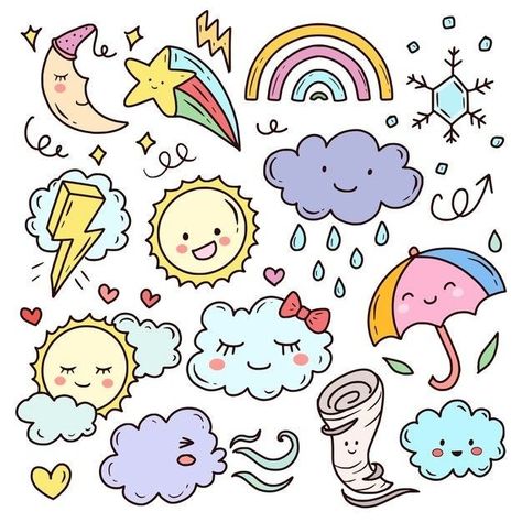 Monsoon Doodle, Doodle Art Digital, Weather Drawing, Weather Doodles, Kawaii Weather, Calendar Doodles, Doodles Illustration, Kawaii Cloud, Rainbow Cartoon