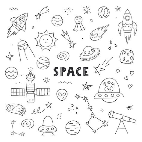 Cute Outer Space Doodles, Cute Astronomy Doodles, Planet Cute Drawing, Astronomy Doodles Aesthetic, Space Stuff To Draw, Astronaut Doodle Simple, Cute Space Illustration, Space Things To Draw, Doodles Planets