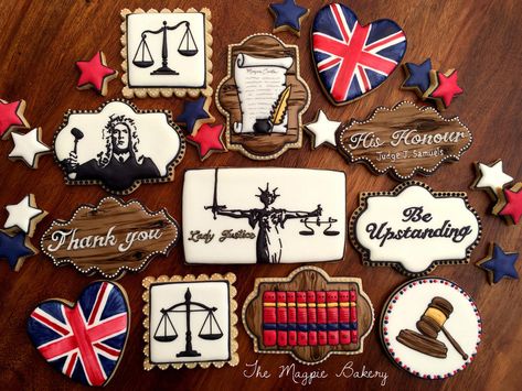 Judge & Law Cookies | The Magpie Bakery Law School Graduation Party, Graduation Party Cake, Themed Cookies, Lawyer Gifts, 18th Birthday Party, Cookie Inspiration, Cookie Icing, Graduation Cakes, School Themes