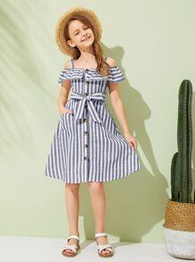 Girls Button Front Belted Striped Dress With Strap 14.00 USD Ruffle Dresses, Kids Frocks Design, Girl Dress Patterns, Kids Fashion Dress, Kids Frocks, Frocks For Girls, Frock Design, Dresses Kids Girl