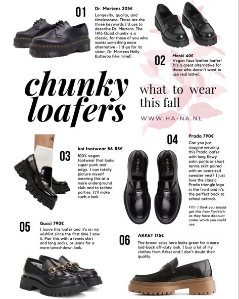 some of my favorite finds for this fall are: chunky loafers. it’s makes the perfect pinterest look and it gives height and classic timelessness. Featured here are: 1. Dr. Martens 1416 Quad Chunky (bonus: Dr. Martens Holly Butteroo and others linked below); 2. Monki vegan faux leather loafers; 3. Koi footwear: a punk gothy vegan leather loafers perfect for an edgier look and techno parties; 4. Prada chunky logo loafers: super perfect with tennis skirts and sweater vests (love love lovee); 5. Guc Chunky Loafers And Shorts, Loafers Outfit Dr Martens, Chunky Leather Loafers, Vegan Loafers Women, Leather Shoes Outfit Women, Chunky Loafers Aesthetic, Doc Martens Loafers Outfit Women, Dr Martin Loafers, Dr Marten Loafers Outfit