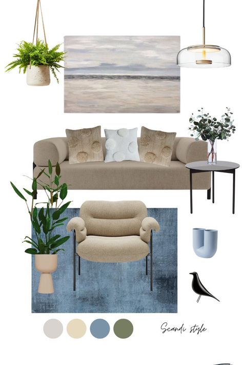 Ice Blue Sofa, Kyoto Apartment, Beige And Blue Living Room, Scandi Inspired Living Room, Blue Living Room Inspiration, Blue Living Room Color, Scandinavian Livingroom, Taupe Living Room, Mood Board Living Room