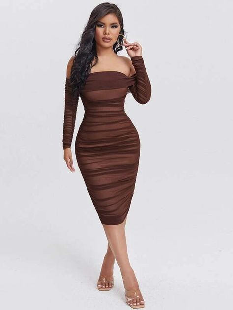 SHEIN Ruched Off Shoulder Mesh Bodycon Dress | SHEIN USA Graduation Bodycon Dresses, Brown Dresses Formal Short, Brown Ruched Dress Outfit, Chocolate Brown Outfits For Women, Chocolate Brown Dress Outfit, Brown Bodycon Dress Outfit, Shein Dress Classy, Formal Brown Dress, Long Bodycon Dress Outfit