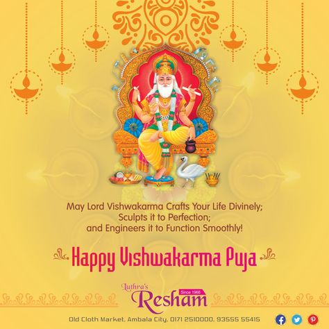 Happy Vishwakarma Puja !!!!  May Lord vishwakarma Crafts your life Divinely, Sculpts it to Perfection, and Engineers it to Function Smoothly !!!!  #vishwakarmapuja #festival #luthrasresham #ladiessuites #designersuites #ambala Vishkarma Puja Wishes, Happy Biswakarma Puja, Vishkarma Puja, Vishwakarma Puja Poster, Vishwakarma Puja Wishes, Vishwakarma Jayanti, Happy Vishwakarma Puja, Lord Vishwakarma, Vishwakarma Puja