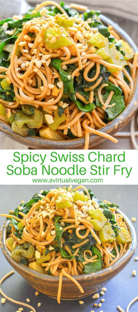 This Swiss Chard Soba Noodle Stir Fry is super quick & easy to make & is tossed with the most delicious sweet, savoury & spicy ‘instant’ sauce!  via @avirtualvegan Soba Noodle Stir Fry, Pasta Spicy, Noodle Stir Fry, Swiss Chard Recipes, Soba Noodle, Chard Recipes, Vegan Entree, Recipes Pasta, Vegan Comfort Food