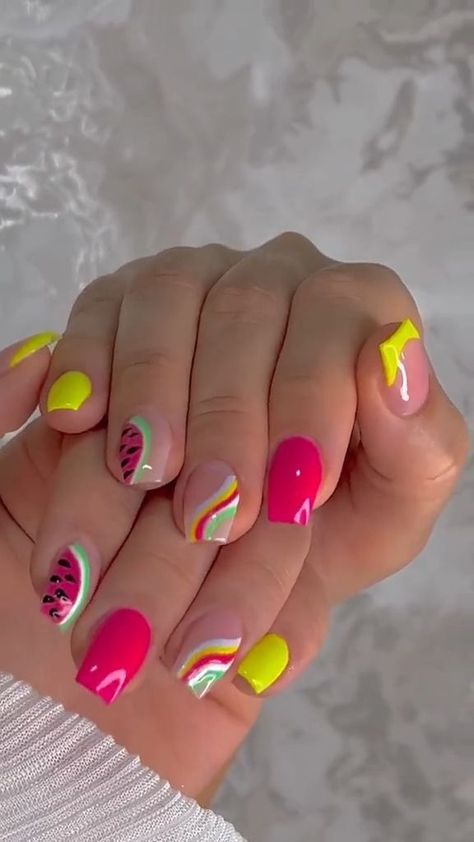 Nails Polish Designs, Nail Art For Spring, Nails Medium Coffin, Art For Spring, Summer Nails Designs, Fresh Nail, Bright Nail Art, Neon Nail Art, Medium Coffin