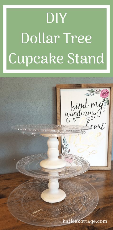 DIY Dollar Tree Cupcake Stand. How to make a cupcake stand for $5 with dollar tree materials. #dollartreediy #cupcakestand #diycupcakestand Dollar Tree Dessert Stand, Cupcake Display Ideas Diy Dollar Tree, Diy Stands For Dessert Table, Diy Party Decorations Dollar Tree, Dessert Display Ideas Diy, Cheap Cupcake Display Ideas, 3 Tier Stand Decor Diy Dollar Tree, Diy Treat Stand Display, Diy Cookie Stand