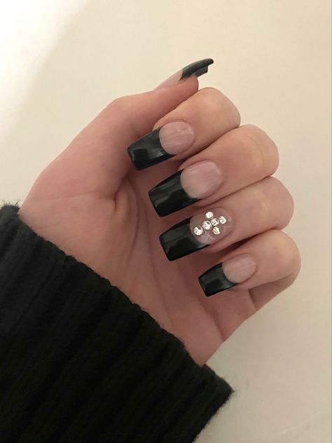 black french tip nails cross rhinestone long grunge goth Black French Tip Coffin Nails, Black French Tip Coffin, Acrylic Nail Inspiration, Black French Tip Nails, Black French Nails, Black French Tip, Black French Tips, Tip Nails, Black French