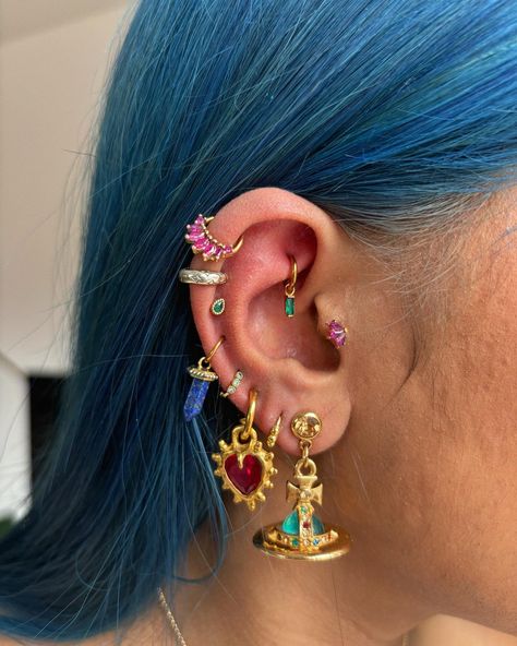 wrapping up the month Full Pierced Ear, Full Ear Piercings, Maximalist Jewelry, Crystal Tattoo, Piercing Inspo, Pretty Ear Piercings, Candy Hair, Pierced Ear, Cute Piercings