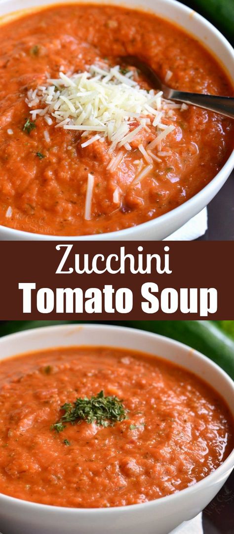 Zucchini Tomato Soup Recipe. Delightful, comforting, and easy tomato soup made with addition of fresh zucchini. It's creamy and made with some fresh grated Parmesan cheese. Serve it with some grilled cheese sticks for a fun lunch. #soup #tomatosoup #zucchini #zucchinisoup #vegetablesoup Summer Tomato Soup, Zucchini In Soup Recipes, Zucchini Cheese Soup, Zucchini Soup Recipe, Zucchini With Tomatoes Recipes, Zucchini Soup Recipes Ground Beef, Soup With Tomatoes In It, Tomato And Zucchini Soup, Keto Zucchini Soup