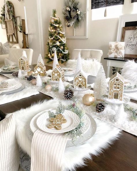 60+ Best Christmas Table Decor ideas for Christmas 2019 where traditions meets grandeur - Hike n Dip Minimalist Holiday Tablescapes, Winter Wonderland Christmas Table Setting, Christmas Dining Tablescapes, White And Cream Christmas Decor, White Christmas Dining Table Decor, Christmas Decor Table Ideas, Christmas Decor For Dining Table, Classy Christmas Decor Living Rooms, Christmas Decor Ideas Dining Room