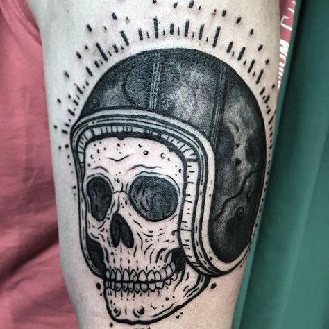 Black Ink Biker Skull With Helmet Mens Arm Tattoo Motorcycle Helmet Tattoo, Triple Tattoo, Bike Tattoo, Biker Tattoo, Harley Tattoos, Moto Helmet, Motorcycle Tattoo, Biker Design, Helmet Tattoo